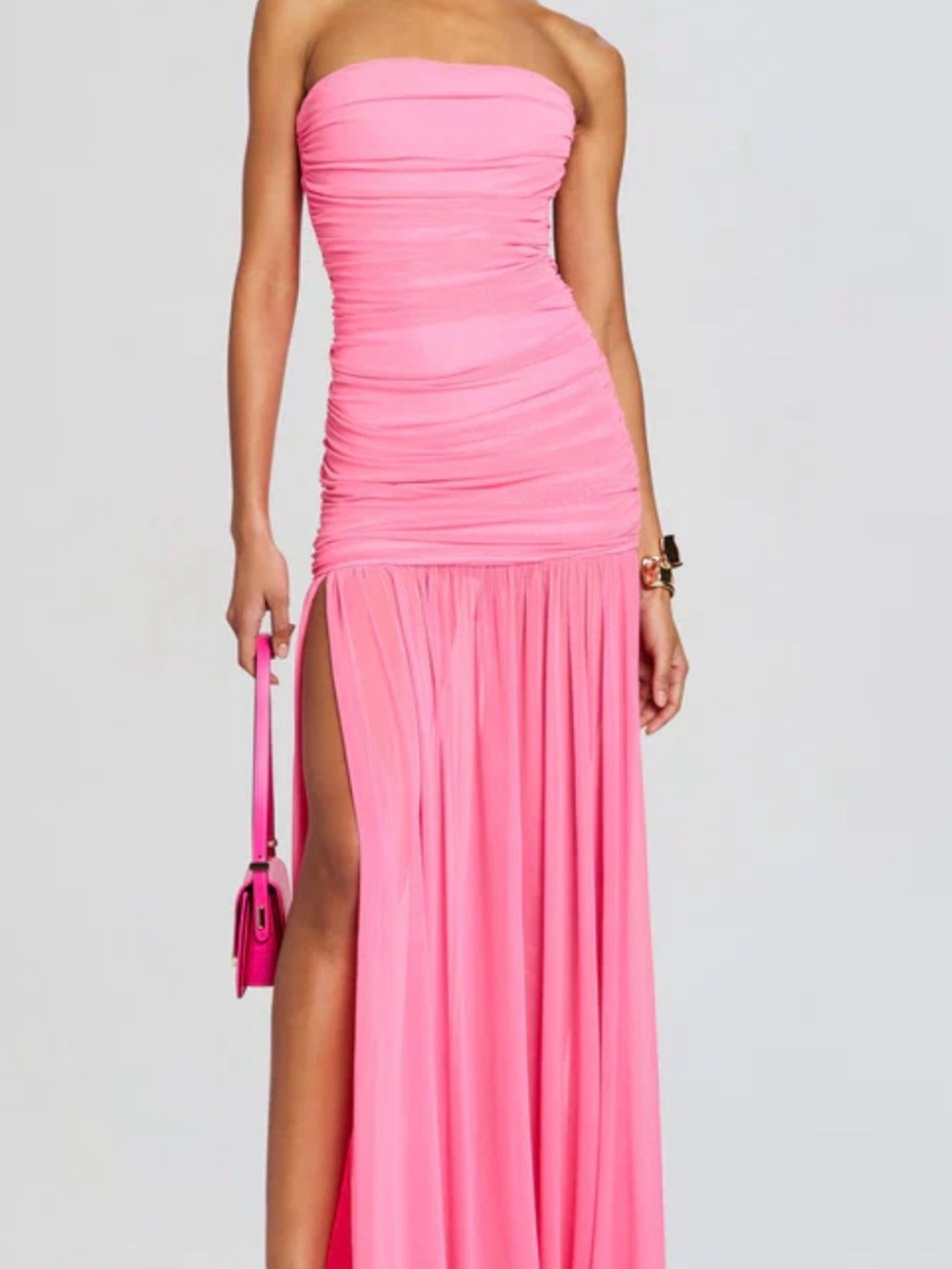 Forever 21 Strapless Hot Pink Ruched Maxi Dress with High Slit